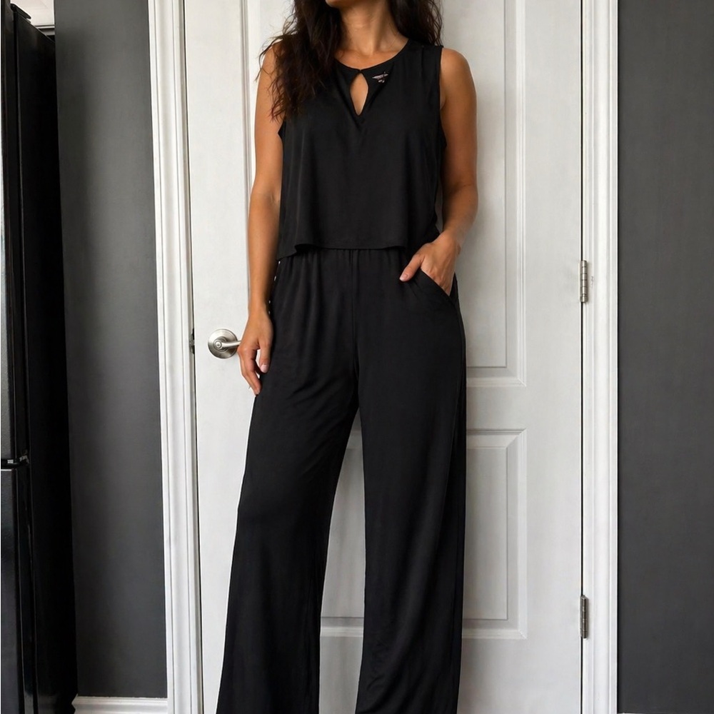 J. Jill Black Sleeveless Wide-Leg Jumpsuit with Keyhole Neck